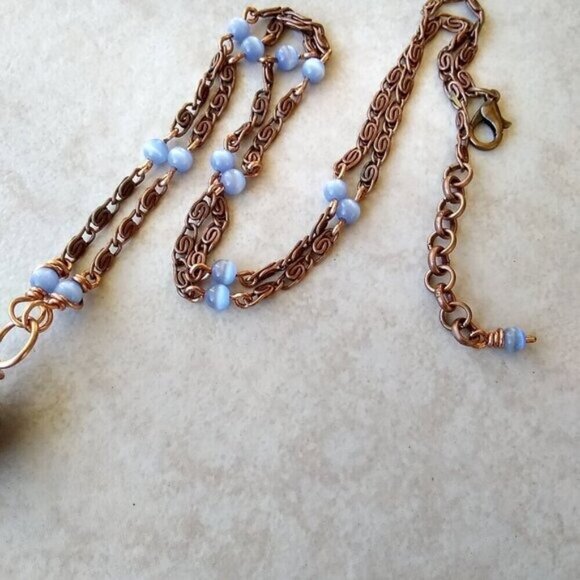 NEW! Patina Hand Painted Medallion + Blue Catseye + Copper Bohemian Necklace - Picture 6 of 10